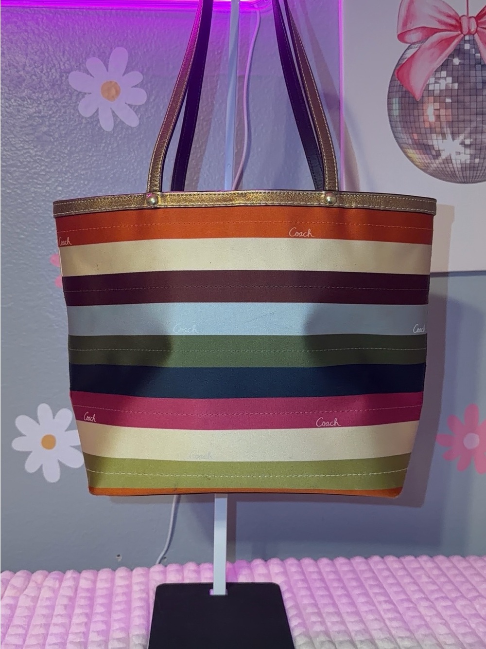 Coach Multicolor Striped Tote with Orange Charm and Gold Trim - Picture 3 of 5